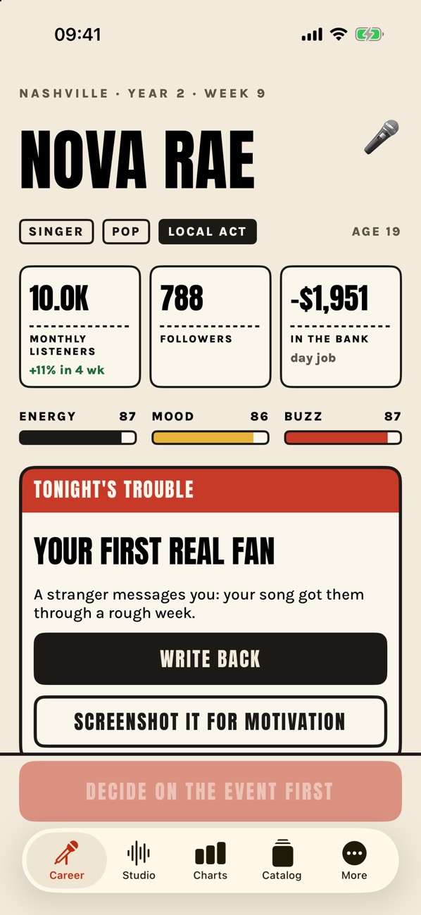 The Career screen: listeners, followers, money, and an event card