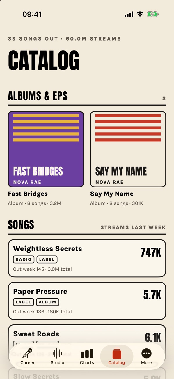 Catalog with album covers and songs