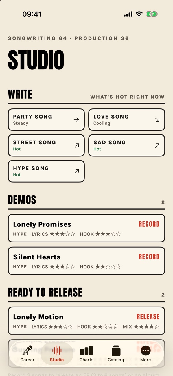 Studio screen with demos and songs ready to release